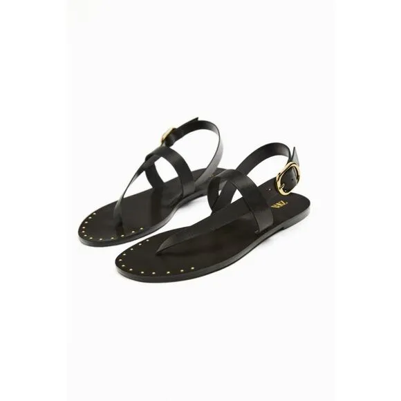 Black Zara Leather Gold Tone Studded Ankle Buckle Closure Flat Sandals (NWT)