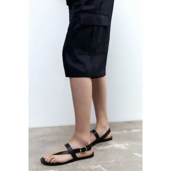 Black Zara Leather Gold Tone Studded Ankle Buckle Closure Flat Sandals (NWT)