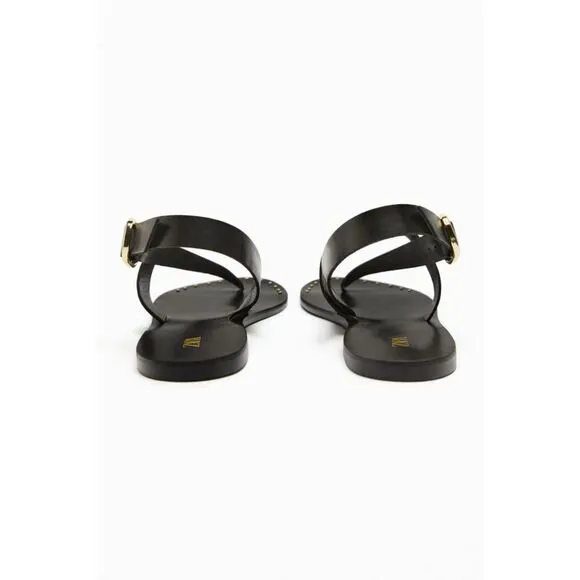 Black Zara Leather Gold Tone Studded Ankle Buckle Closure Flat Sandals (NWT)