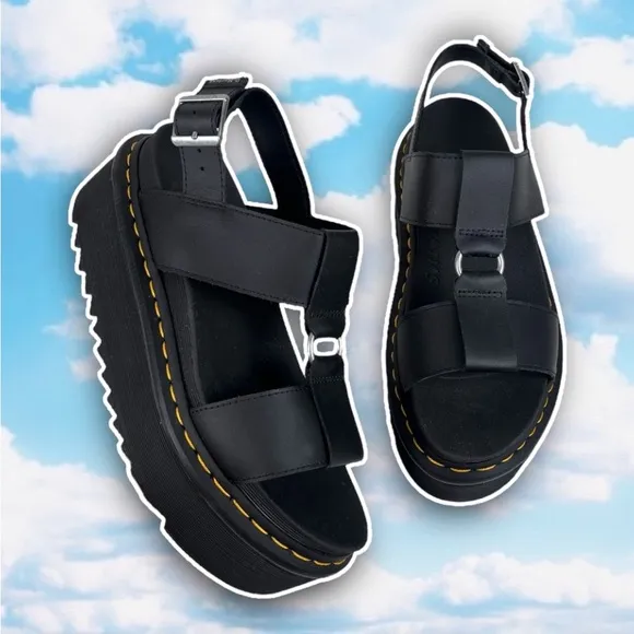 BNIB DR. MARTENS Francis Leather Platform Strap Sandals Black Hydro Leather Goth
