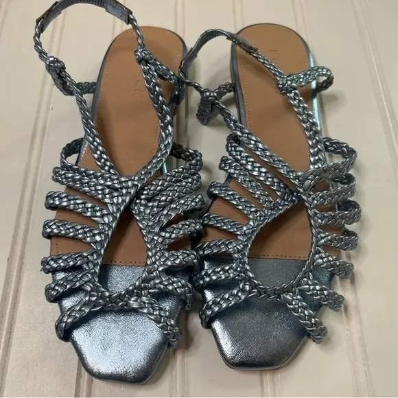 BODEN Metallic Blue Woven Strappy Multistrap Flat Sandals 7 38 NEW No Box
