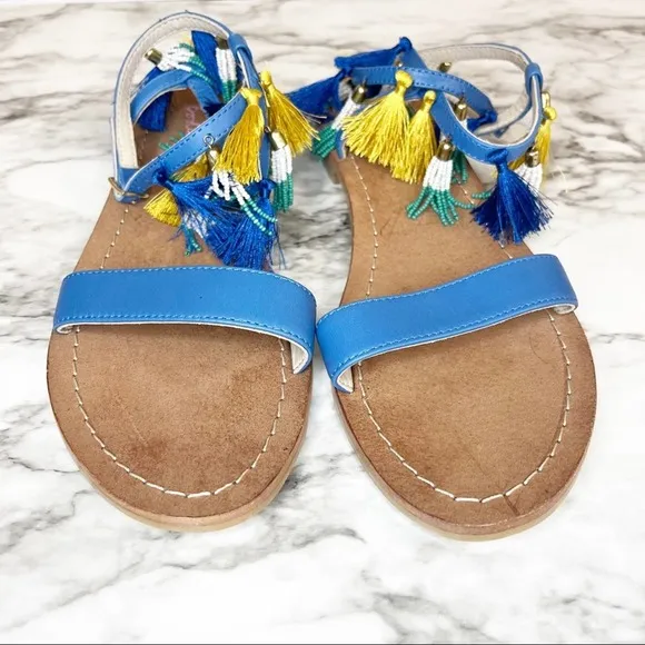 Boden Tassel Beaded Blue Flat Sandals Size 8