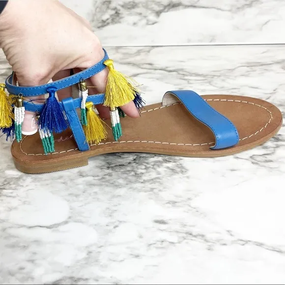 Boden Tassel Beaded Blue Flat Sandals Size 8