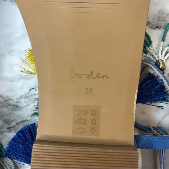Boden Tassel Beaded Blue Flat Sandals Size 8