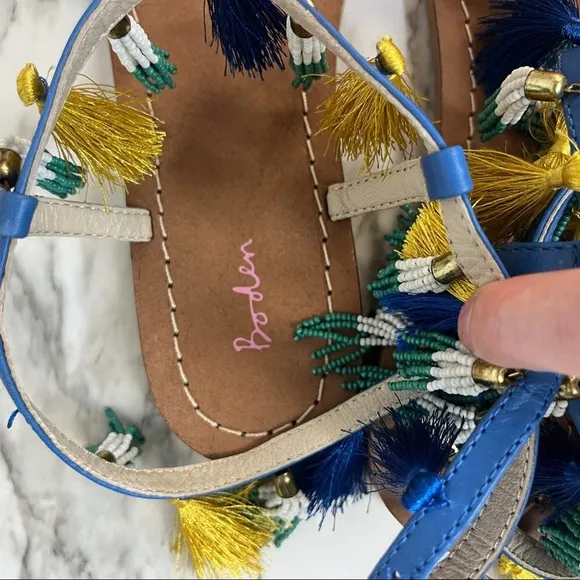 Boden Tassel Beaded Blue Flat Sandals Size 8