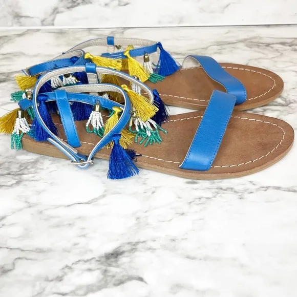 Boden Tassel Beaded Blue Flat Sandals Size 8