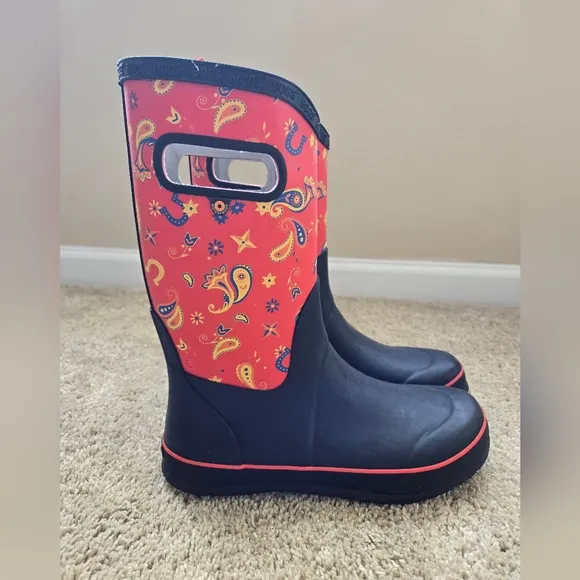 Bogs Rainboots Black Red Pull On Youth 6