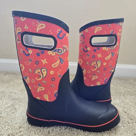 Bogs Rainboots Black Red Pull On Youth 6