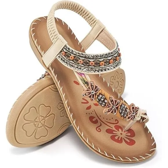 Bohemian‎ Beaded Sandals: Comfortable Flat Casual Beach Shoes with Ankle Strap