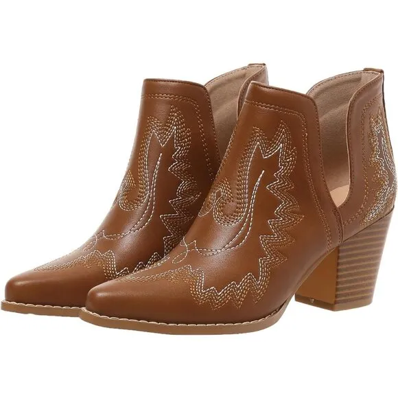 Boots for Women  Ankle Western Embroidered Stitched Pointed Toe Chunky Heels