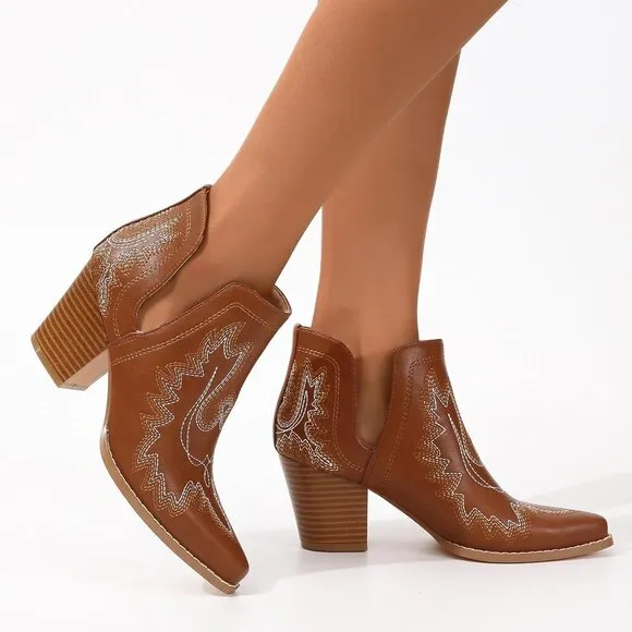 Boots for Women  Ankle Western Embroidered Stitched Pointed Toe Chunky Heels