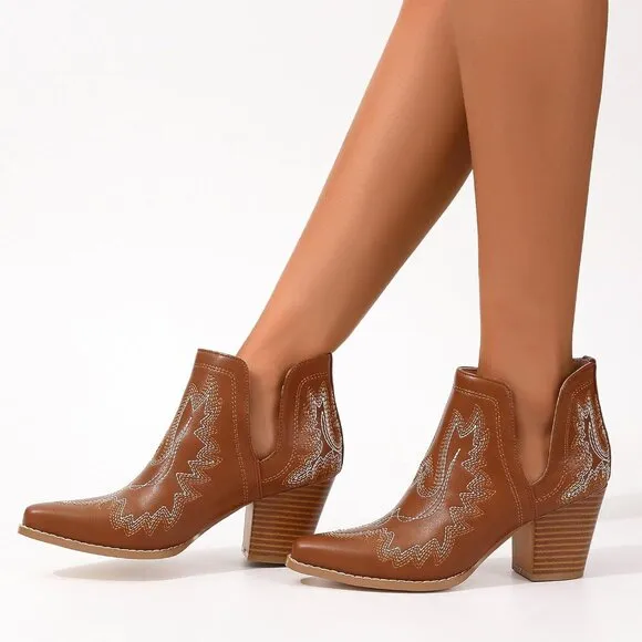 Boots for Women  Ankle Western Embroidered Stitched Pointed Toe Chunky Heels