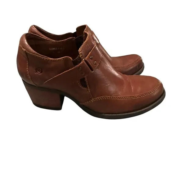 Born Brown Full Grain Leather Chunky Heel Ankle Slip On Nyssa Boots Size 9/40.5
