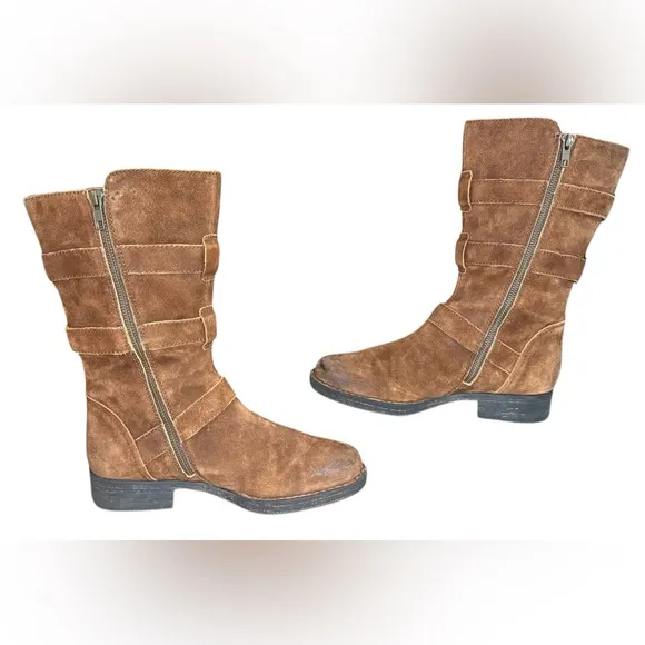 Born Ivy Brown Moto Boots with Suede Material and Decorative Straps Size 8.5