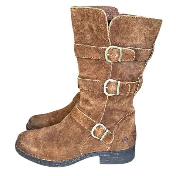 Born Ivy Brown Moto Boots with Suede Material and Decorative Straps Size 8.5