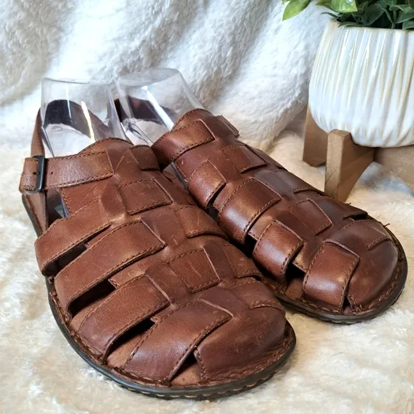Born Men's Fisherman Sandals Brown Woven Leather Closed Toe Comfort Shoes Sz 12