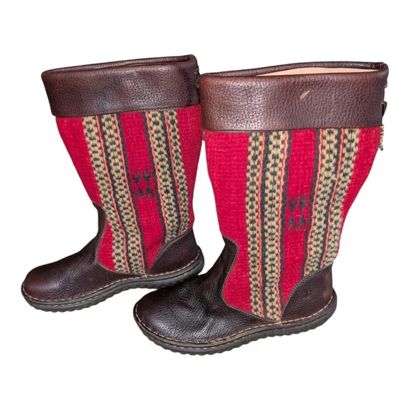 Born Tizoc Indian Blanket Wool Brown Leather Size 7 Mid Calf Fashion Boots