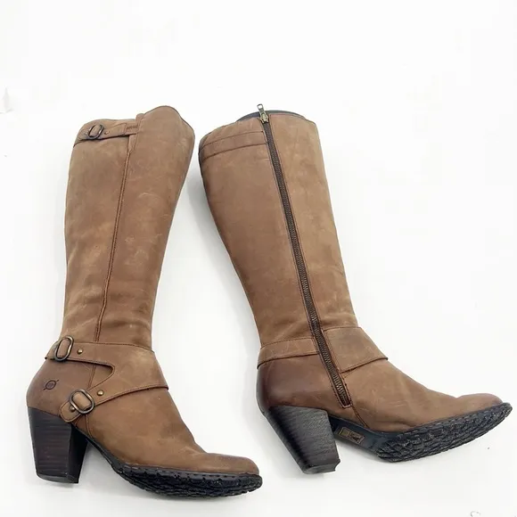 Born Womens Nubuck Distressed Brown Leather Tall Boots w Silver Buckles size 9.5