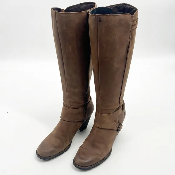 Born Womens Nubuck Distressed Brown Leather Tall Boots w Silver Buckles size 9.5