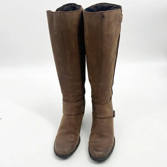 Born Womens Nubuck Distressed Brown Leather Tall Boots w Silver Buckles size 9.5