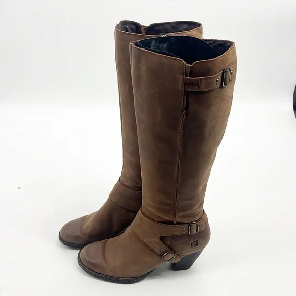Born Womens Nubuck Distressed Brown Leather Tall Boots w Silver Buckles size 9.5