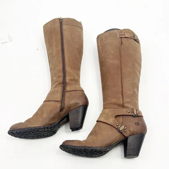 Born Womens Nubuck Distressed Brown Leather Tall Boots w Silver Buckles size 9.5