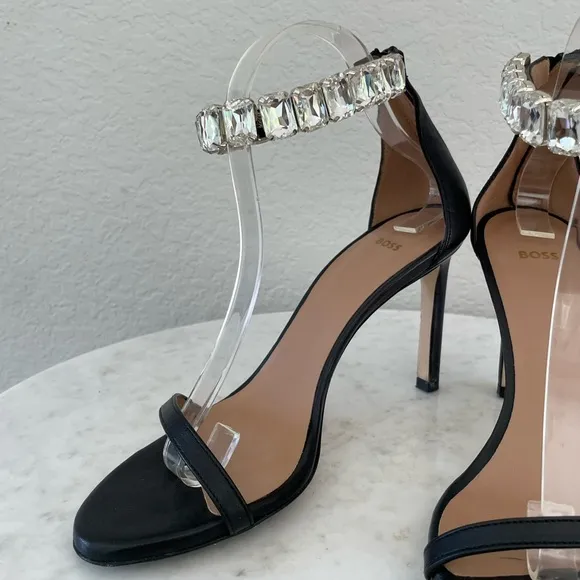Boss Janet High-Heeled Sandals in Nappa Leather with Rhinestone Strap Size 38