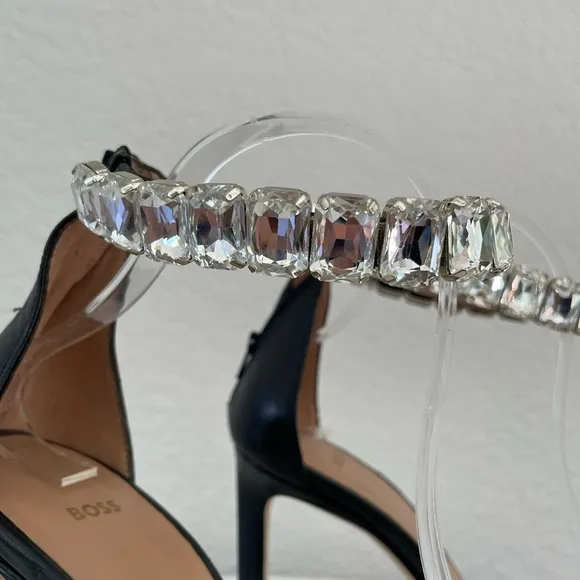 Boss Janet High-Heeled Sandals in Nappa Leather with Rhinestone Strap Size 38