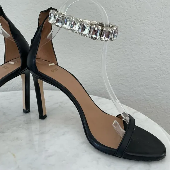 Boss Janet High-Heeled Sandals in Nappa Leather with Rhinestone Strap Size 38