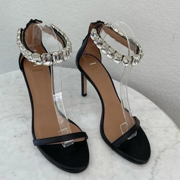 Boss Janet High-Heeled Sandals in Nappa Leather with Rhinestone Strap Size 38