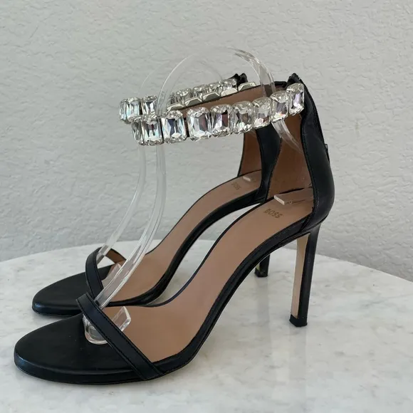 Boss Janet High-Heeled Sandals in Nappa Leather with Rhinestone Strap Size 38