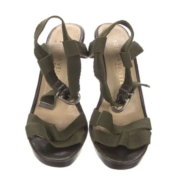 Bottega Veneta Authentic Green Brown Ankle Strap High Heels Sandals 7