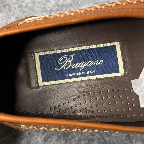 Bragano Men's Tan White Leather Loafers- Sz 8.5