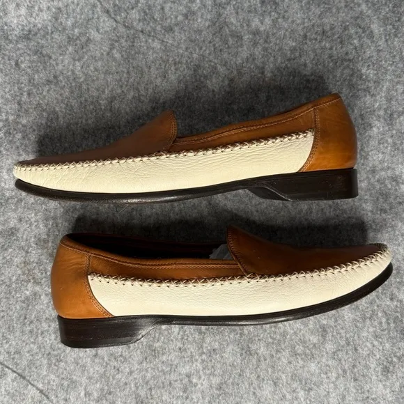 Bragano Men's Tan White Leather Loafers- Sz 8.5