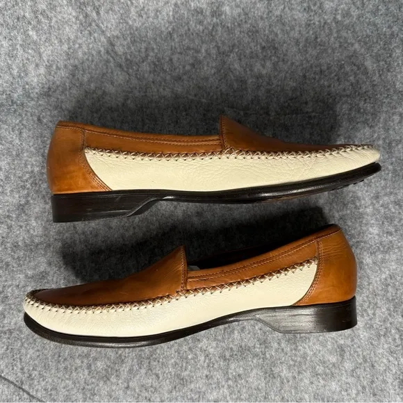 Bragano Men's Tan White Leather Loafers- Sz 8.5