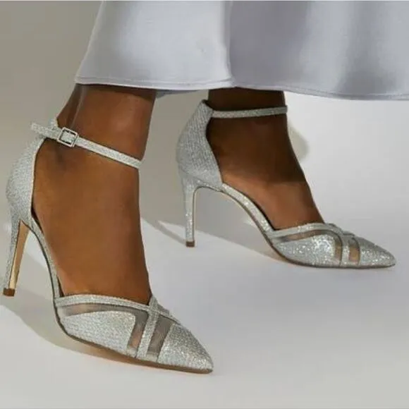 BRAND NEW DUNE LONDON DIANE HEELS IN PEWTER PIN HEELS SANDALS
