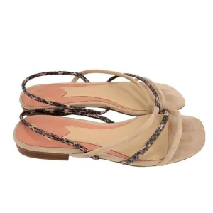 Brian Atwood Maxine Sandals Womens 7 Beige Gray Suede Snakeskin Embossed Flat