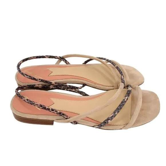 Brian Atwood Maxine Sandals Womens 7 Beige Gray Suede Snakeskin Embossed Flat
