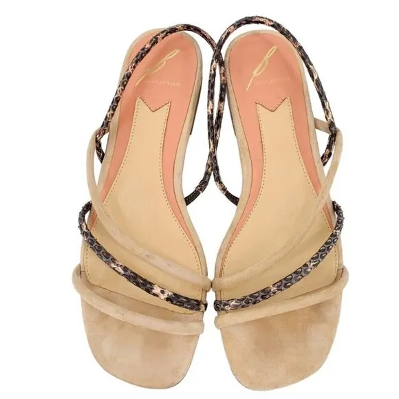 Brian Atwood Maxine Sandals Womens 7 Beige Gray Suede Snakeskin Embossed Flat