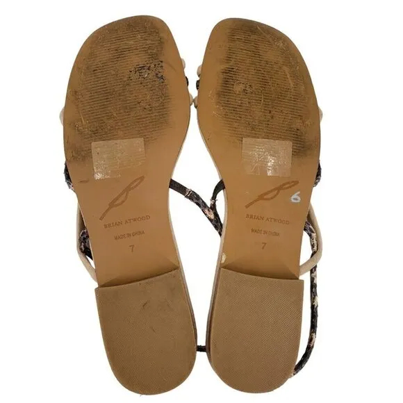 Brian Atwood Maxine Sandals Womens 7 Beige Gray Suede Snakeskin Embossed Flat