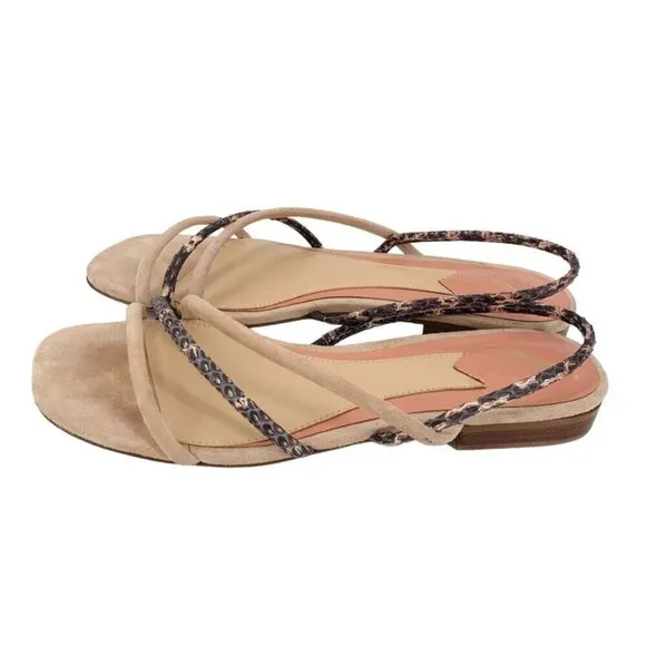 Brian Atwood Maxine Sandals Womens 7 Beige Gray Suede Snakeskin Embossed Flat