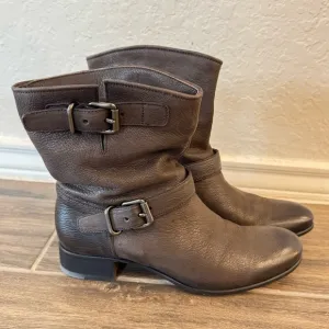 Brown Leather Biker Double Buckle Slip On Ankle Prada Boots