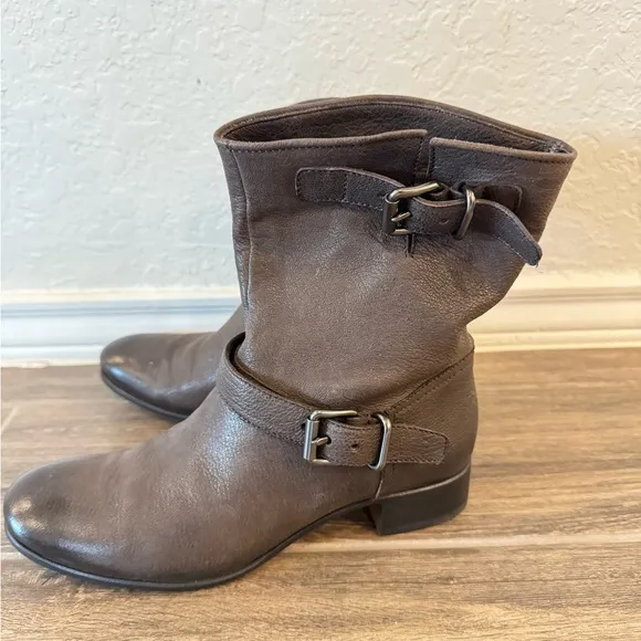 Brown Leather Biker Double Buckle Slip On Ankle Prada Boots
