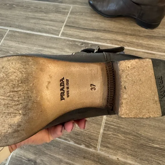 Brown Leather Biker Double Buckle Slip On Ankle Prada Boots