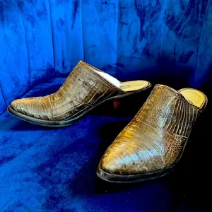 Brown Leather Pointy Toe Western Mules Alligator Snake Slip-on Cowboy Boots