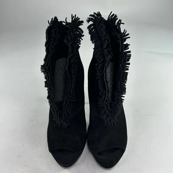 Burberry Nadison Fringe Peep-Toe Ankle Bootie Size 38 US 7.5 Black Heels Boots