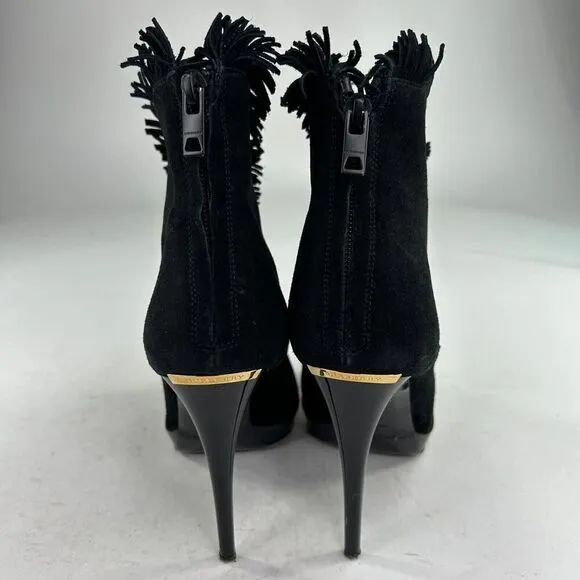 Burberry Nadison Fringe Peep-Toe Ankle Bootie Size 38 US 7.5 Black Heels Boots
