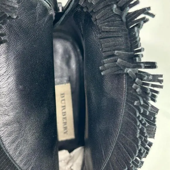 Burberry Nadison Fringe Peep-Toe Ankle Bootie Size 38 US 7.5 Black Heels Boots