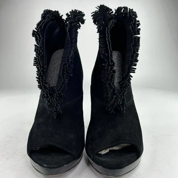Burberry Nadison Fringe Peep-Toe Ankle Bootie Size 38 US 7.5 Black Heels Boots