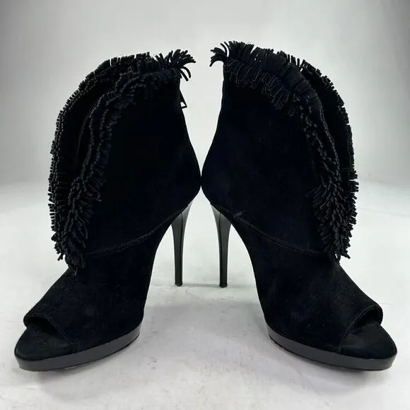 Burberry Nadison Fringe Peep-Toe Ankle Bootie Size 38 US 7.5 Black Heels Boots